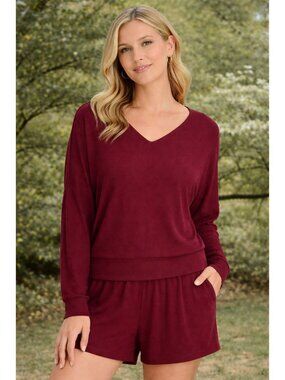 Auden size Large Cozy Ribbed Pullover Long-Sleeve Top Burgundy V-neck Sleepwear